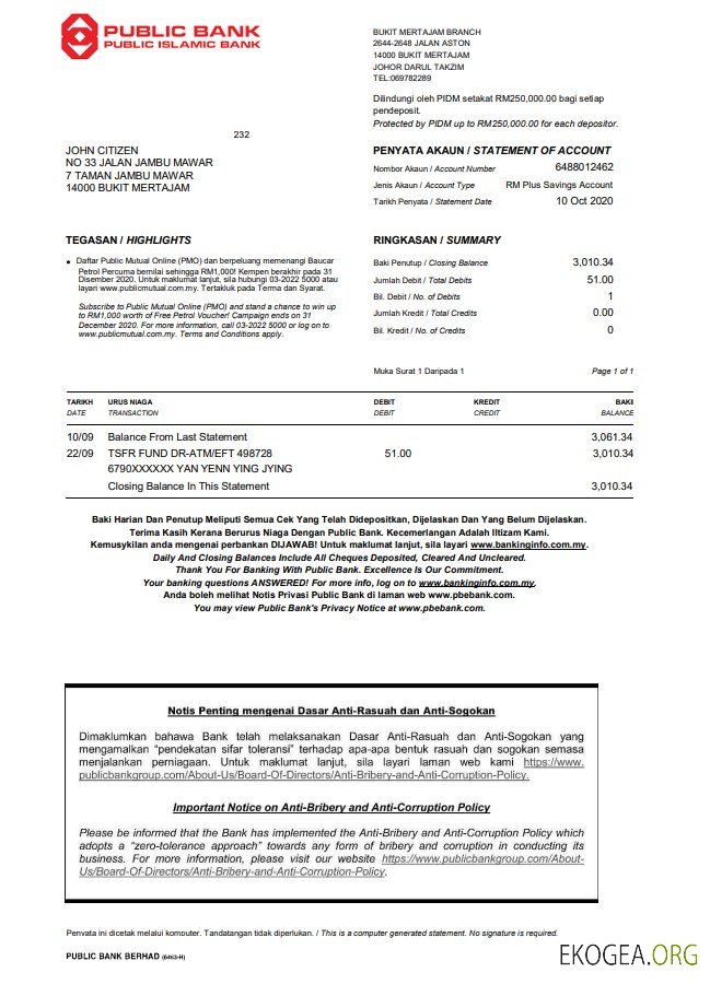 Relevé d'une banque publique de Malaisie